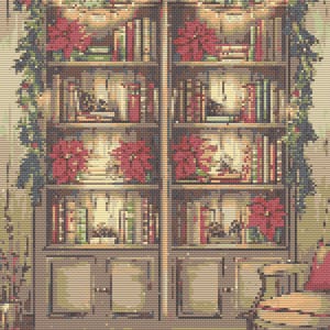 Op de afbeelding: Een gedetailleerde illustratie van een houten boekenkast gevuld met boeken. De boekenkast is versierd met rode poinsettia's, groene slingers en rode strikken. De planken zijn verlicht met warme verlichting, wat een gezellige sfeer creëert.
