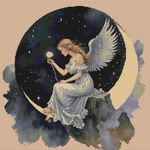 May include: A cross-stitch pattern featuring an angel with large white wings sitting on a crescent moon. The angel wears a long, flowing white dress and holds a glowing orb. The background is a dark blue night sky filled with small white stars.