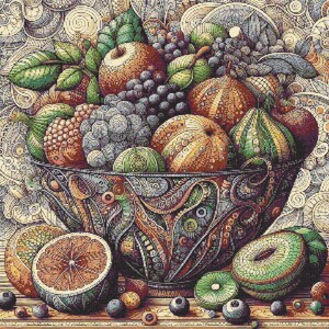 Op de afbeelding: Een decoratieve kom gevuld met een verscheidenheid aan fruit, waaronder appels, peren, druiven en pruimen. De kom is gemaakt van een donker, gepatroneerd materiaal en is omringd door een verscheidenheid aan ander fruit, waaronder sinaasappels en limoenen.