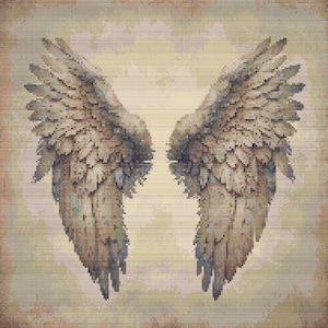 Op de afbeelding: Een paar grote, gedetailleerde, bruine en blauwe engelenvleugels met een vintage, textuurrijke achtergrond.