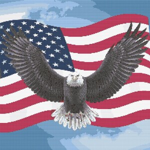 Kreuzstichvorlage – Weißkopfseeadler mit himmelblauer Flagge. Flagge schwingen, PDF-Datei, einfaches Kreuz, klare Diagramme, Häkelanleitung, einfacher Wandteppich