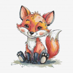 Könnte beinhalten: Eine Aquarellillustration eines niedlichen Fuchswelpen. Der Fuchs hat orange-rotes Fell, eine weiße Brust und einen flauschigen Schwanz. Er sitzt mit seinen Pfoten nach vorne. Der Fuchs hat große Augen und einen süßen Ausdruck.