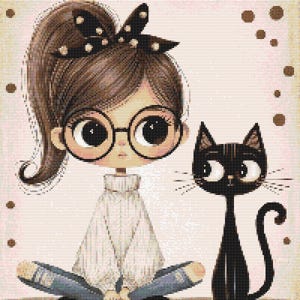Gráfico de ponto cruz Menina com um gato preto. Adequado para todos os níveis de habilidade, arquivo PDF, cruz simples, diagramas claros, padrão de crochê, tapeçaria simples