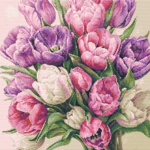 Schema punto croce – Tulipani muschio nei colori rosa lilla bianco verde, file PDF, croce semplice, diagrammi chiari, schema uncinetto, arazzo semplice
