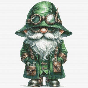 Gráfico de ponto cruz – Gnomo de óculos verde. Compatível com Steampunk.PK, arquivo PDF, cruz simples, diagramas claros, padrão de crochê, tapeçaria simples.