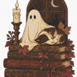 May include: A cross-stitch pattern featuring a white ghost draped over a stack of dark brown books. Beside the books sits a lit candle in a brown holder. Behind the ghost is an arched window showing a crescent moon. Red and orange autumn leaves decorate the scene.