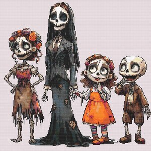May include: A digital illustration of a family of skeletons. The mother figure wears a long black dress and a suit jacket. The other figures include a child in an orange dress, a child in a brown suit, and a figure in a tattered dress.