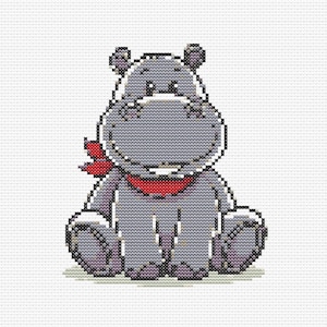 Op de afbeelding: Een grijze nijlpaard met een rode strik die op een witte achtergrond zit.