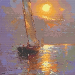 Gráfico de ponto cruz – Veleiro ao pôr do sol em tons lilás. Reflexo na água, arquivo PDF, cruz simples, diagrama claro, padrão de crochê, tapeçaria simples