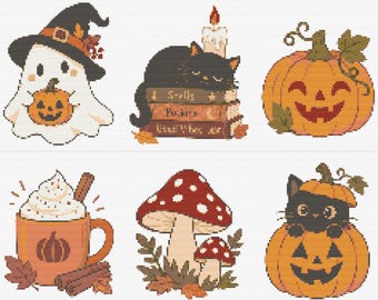 May include: A cross-stitch pattern featuring six autumn-themed icons: a ghost in a witch hat holding a pumpkin, a black cat on books with a candle, a jack-o'-lantern, a pumpkin spice latte, two red and white mushrooms, and a cat in a pumpkin.