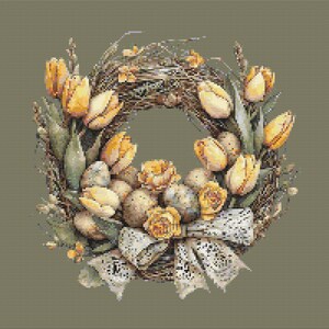 Gráfico de ponto cruz Coroa de Páscoa com Tulipas. Compatível com Pattern Keeper, arquivo PDF, cruz simples, diagramas claros, padrão de crochê, tapeçaria simples