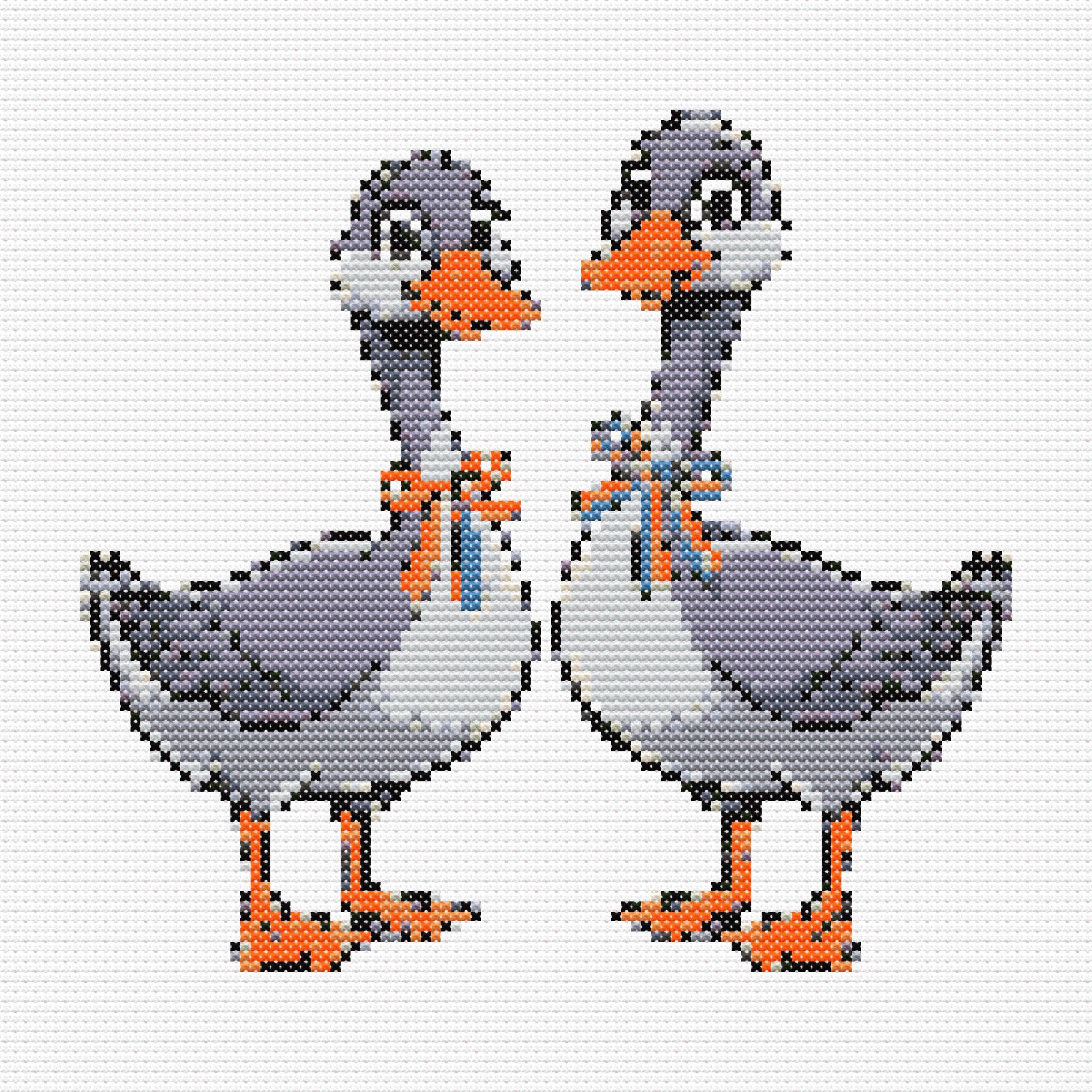 Goose Graph Pattern Cross Stitch Chart – Two Gray Geese With Bows and Ribbons, PDF File ...