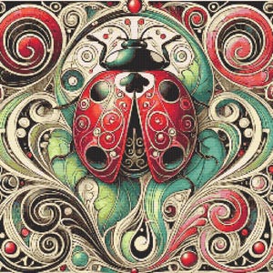 Gráfico de ponto cruz – Vitral. Joaninha. Tons de vermelho e verde. PK, arquivo PDF, cruz simples, diagramas claros, padrão de crochê, tapeçaria simples.