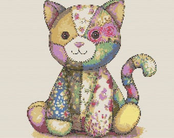 Cross stitch chart – Cute Plush Kitten. Patchwork.Bright Scraps.Flowers,PDF file,simple cross,clear diagrams,crochet pattern,simple tapestry