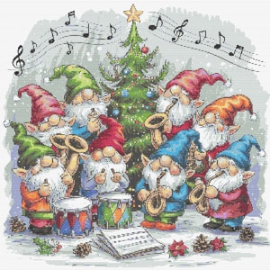May include: A festive illustration of a gnome band playing instruments in front of a decorated Christmas tree. The gnomes wear colorful hats and play saxophones and drums. Musical notes float above them, creating a cheerful holiday scene.