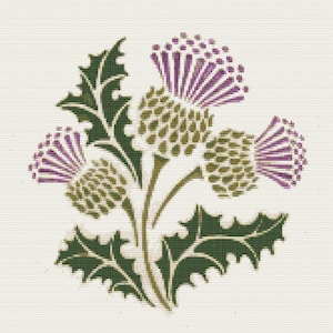 May include: A stylized illustration of a thistle plant. The image features purple flower heads, olive-green seed heads, and dark green leaves. The background is a light cream color, and the image has a cross-stitch appearance.