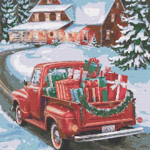Grille de point de croix – carte postale vintage. Camion rouge. Cadeaux cottage, fichier PDF, croix simple, diagrammes clairs, modèle au crochet, tapisserie simple