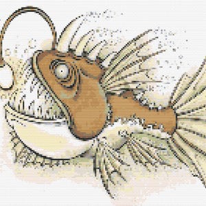 Gráfico de ponto cruz – Peixe-pescador com lanterna. Compatível com PK, arquivo PDF, cruz simples, diagramas claros, padrão de crochê, tapeçaria simples