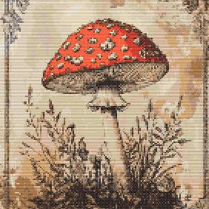 Gráfico de ponto cruz – Cartão postal vintage. Amanita em moldura. Compatível com PK, arquivo PDF, cruz simples, diagramas claros, padrão de crochê, tapeçaria simples