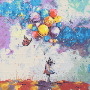 Kreuzstichvorlage - Mädchen mit Luftballons mit einem Schmetterling und einem Vogel, PDF-Datei, einfaches Kreuz, Häkelanleitung