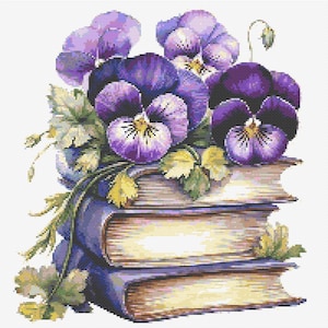 Gráfico de ponto cruz – Amores-perfeitos em tons roxos em livros. Compatível com PK, arquivo PDF, cruz simples, diagramas claros, padrão de crochê, tapeçaria simples