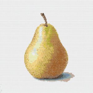 Op de afbeelding: Een kruissteekontwerp van een peer. De peer is een mix van gele, groene en bruine tinten, met een kleine bruine steel. De peer werpt een blauwe schaduw op de witte achtergrond. Het ontwerp is een close-up van de vrucht.