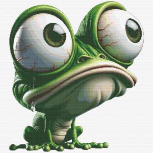 May include: A green frog illustration featuring disproportionately large, bloodshot eyes with visible red veins, a wide mouth with a downturned expression, and a single droplet of liquid hanging from the corner of its mouth against a white background.