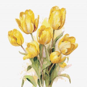 Gráfico de ponto cruz – Tulipas amarelas. Aquarela. Suavemente. Compatível com PK, arquivo PDF, cruz simples, diagramas claros, padrão de crochê, tapeçaria simples.