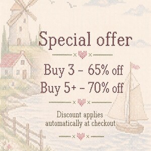 May include: A cross-stitch pattern featuring a windmill, a house, and a sailboat on a light background. The text reads: Special offer, Buy 3 - 65% off, Buy 5+ - 70% off, Discount applies automatically at checkout. Small red hearts separate the lines.