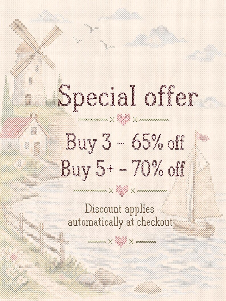 May include: A cross-stitch pattern featuring a windmill, a house, and a sailboat on a light background. The text reads: Special offer, Buy 3 - 65% off, Buy 5+ - 70% off, Discount applies automatically at checkout. Small red hearts separate the lines.