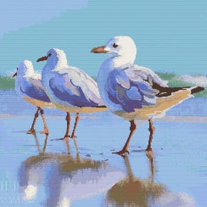 Gráfico de ponto cruz – Gaivotas de desenho animado. Tons de azul. Compatível com PK, arquivo PDF, cruz simples, diagramas claros, padrão de crochê, tapeçaria simples.
