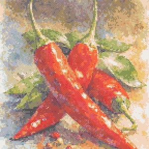 May include: A cross-stitch embroidery pattern featuring two vibrant red chilli peppers crossed over each other, accented with green leaves and small peppercorns. The design uses a textured, pixelated stitch style against a mottled, neutral background.