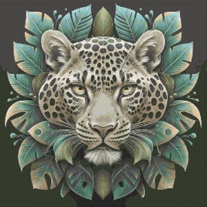 May include: A detailed illustration of a leopard's face, surrounded by stylized green and teal leaves. The leopard has a cream-colored coat with black spots and intense yellow eyes, set against a dark green background.