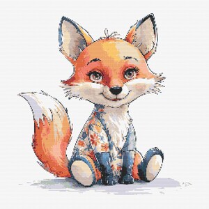 Puede incluir: Un lindo zorro de dibujos animados que lleva un atuendo azul con estampado floral. El zorro está sentado con la cola enroscada alrededor de su cuerpo y tiene una expresión amigable en su rostro.