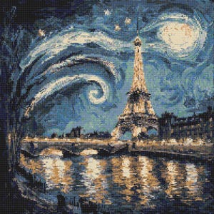 Diagrama de punto de cruz – Torre Eiffel de París en colores azules estilo Van Gogh, archivo PDF, punto de cruz sencillo, diagramas claros, patrón de crochet, tapiz sencillo
