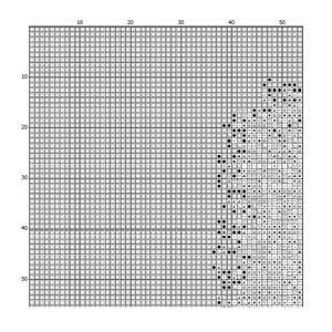 May include: A black and white cross stitch pattern chart on a grid background. The left side consists of empty white squares, while the right side features a dense arrangement of various black symbols including dots, hearts, stars, and clubs.