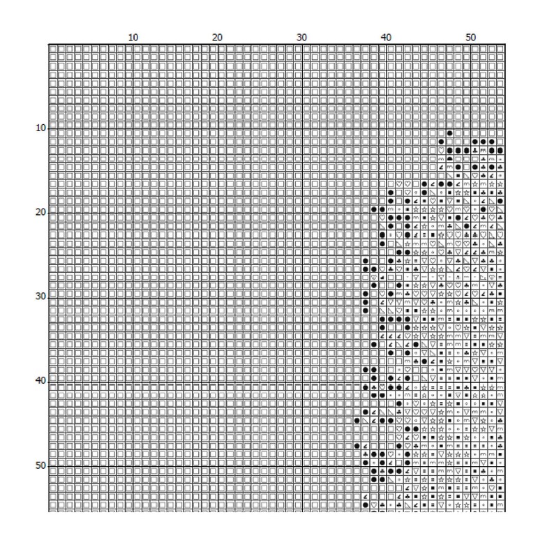 May include: A black and white cross stitch pattern chart on a grid background. The left side consists of empty white squares, while the right side features a dense arrangement of various black symbols including dots, hearts, stars, and clubs.