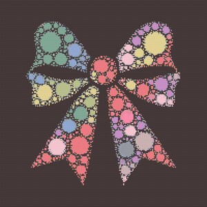 May include: A colorful bow design composed of various sized circles in shades of pink, yellow, blue, green, and purple. The bow is set against a dark brown background, creating a striking contrast.