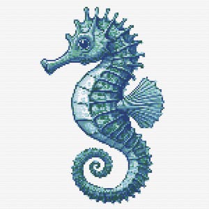 Gráfico de ponto cruz – Cavalo-marinho em tons azul-esverdeados. Adequado para iniciantes. PK, arquivo, cruz simples, diagramas claros, padrão de crochê, tapeçaria simples
