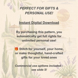 May include: A cross-stitch pattern design featuring a Mediterranean landscape with cypress trees, a house, and lavender. The text reads: PERFECT FOR GIFTS & PERSONAL USE! Instant Digital Download. By purchasing this pattern, you automatically get full rights for unlimited personal use! Stitch for yourself, your home, or make thoughtful, hand-crafted gifts for your loved ones. Commercial use options included &ndash; see slide 5!