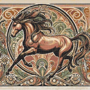Gráfico de ponto cruz – Vitral. Cavalo a galope. Compatível com PK, arquivo PDF, cruz simples, diagramas claros, padrão de crochê, tapeçaria simples.