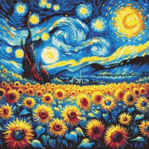 Gráfico de ponto cruz – Noite estrelada com girassóis estilo Van Gogh. PK, arquivo PDF, cruz simples, diagramas claros, padrão de crochê, tapeçaria simples