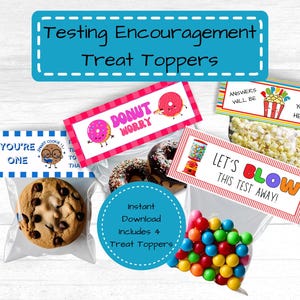 以下が含まれることがあります： テスト中の生徒を励ますための、印刷可能な4つのご褒美用トッピング。トッピングには、「ドーナツ心配しないで」「答えは頭の中にあるよ」「このテストを吹き飛ばそう！」などのフレーズが書かれたカラフルなデザインが施されています。