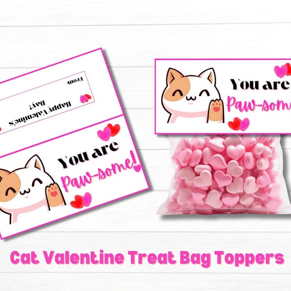 Treat Bag Topper, Valentine's Day treat bag topper, Goodie Bag Topper, Cat Valentines Day Treat Topper, Valentines Cookie Bag Topper