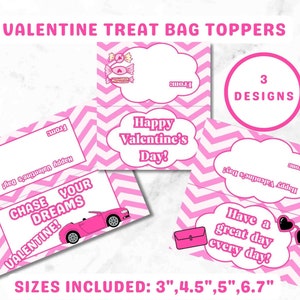 Valentine Treat Bag Topper, Pink Chevron Treat Bag Topper, Girls Valentine Treat Bag Topper