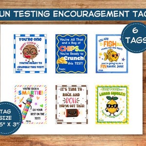 May include: Six rectangular encouragement tags for testing, each 2.5 inches by 3 inches, featuring colorful cartoon illustrations of a cookie, chips, fish, candy, a rock, and a lemon with motivational text including You're One Smart Cookie.