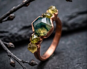 Anillo hexagonal de ágata musgosa con peridoto y citrino | Cobre macizo o plata pura galvanizada | Joyería artesanal única