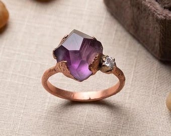 Freeform Faceted Amethyst Ring with Clear Zircon | Solid Copper or Pure Silver Electroplated Finish | February birthstone