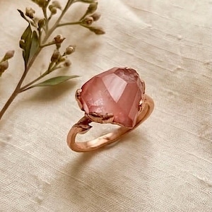 One of kind Red Quartz Statement Ring with Sculpted Leaf – Handmade Copper or Silver – Natural Gemstone Ring – One of a Kind Jewelry