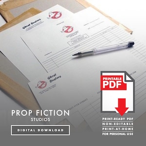 May include: Printable Ghostbusters invoice template in PDF format. The template features the Ghostbusters logo with the iconic ghost symbol. The text "PRINTABLE PDF" is in red and a red downward arrow is next to it. The text "PRINT-READY PDF, NON-EDITABLE, PRINT-AT-HOME, FOR PERSONAL USE" is below the arrow.